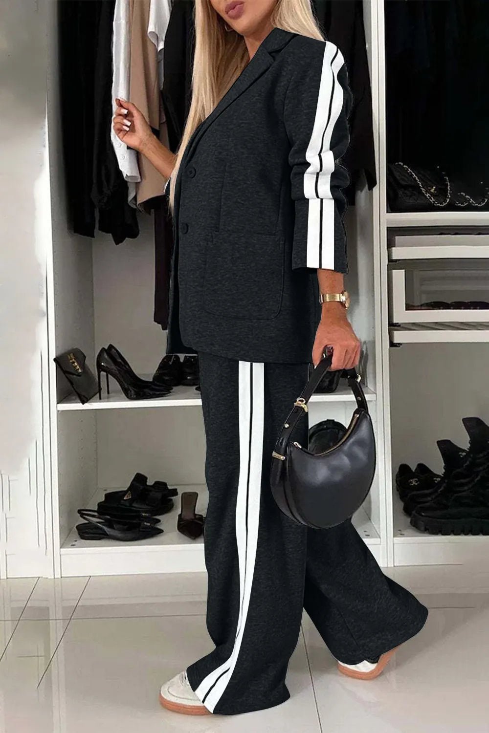 Full Size Contrast Lapel Collar Top and Pants Set - SuzRevera