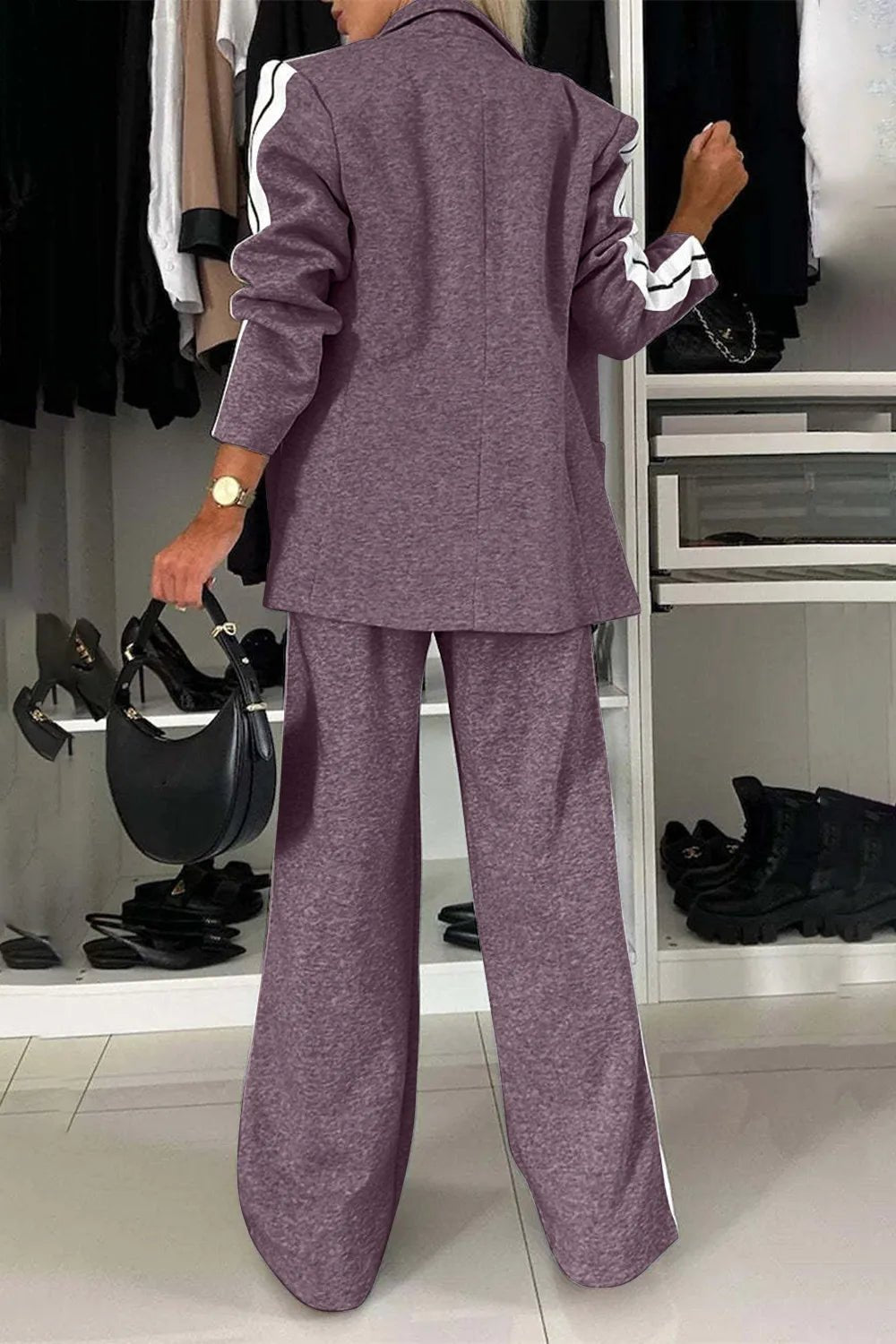 Full Size Contrast Lapel Collar Top and Pants Set - SuzRevera