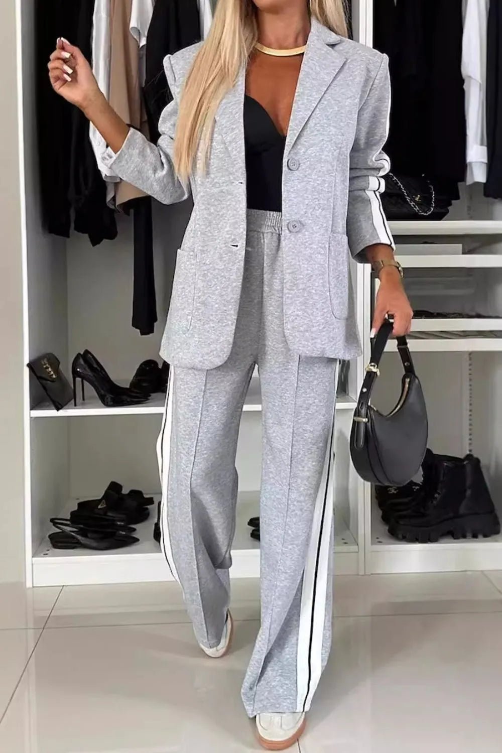 Full Size Contrast Lapel Collar Top and Pants Set - SuzRevera