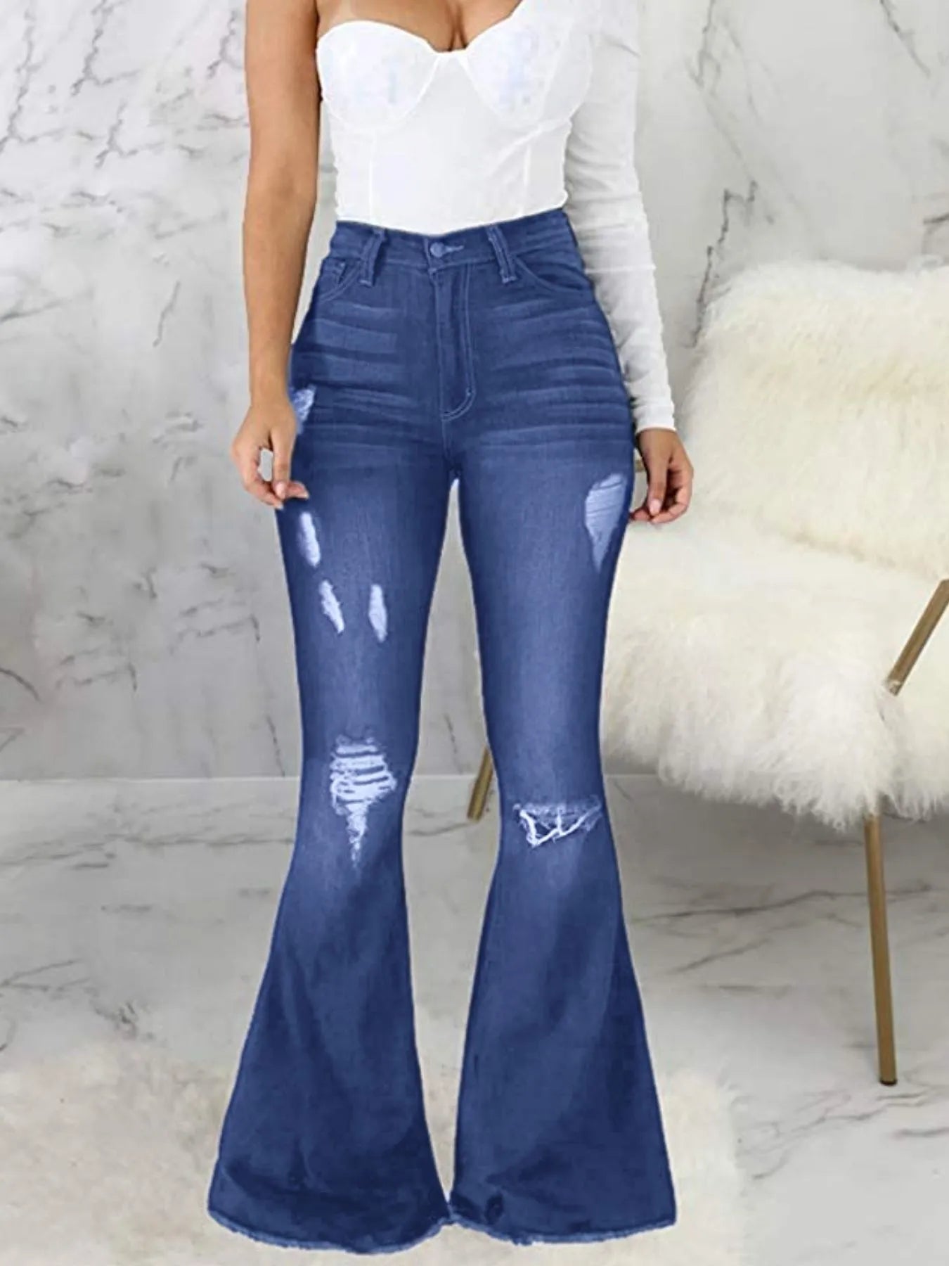 Full Size Distressed Raw Hem Flare Jeans Plus Size - SuzRevera