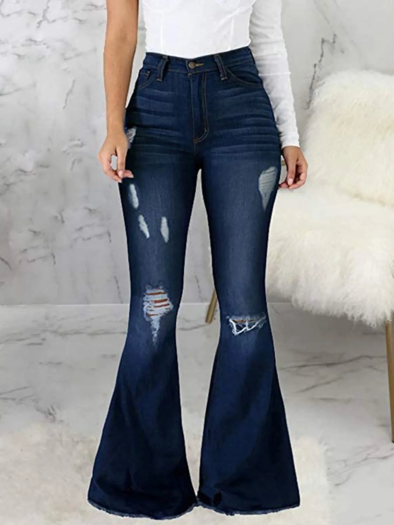 Full Size Distressed Raw Hem Flare Jeans Plus Size - SuzRevera