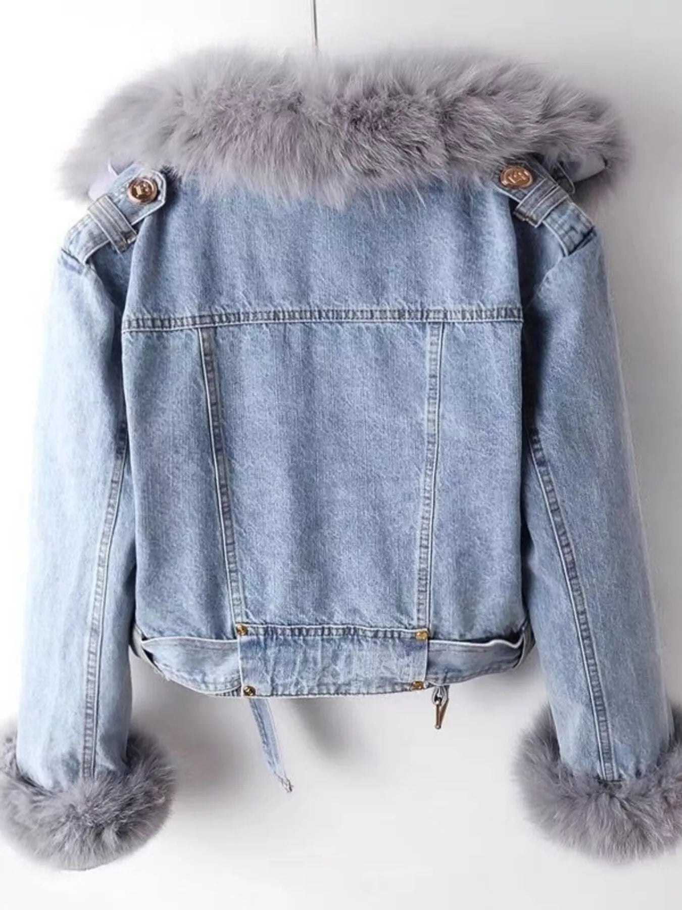 Full Size Faux Fur Collar Denim Jacket Plus Size - SuzRevera