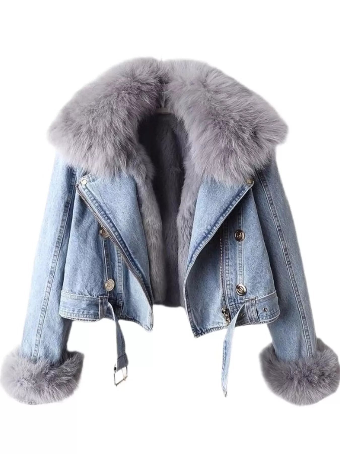 Full Size Faux Fur Collar Denim Jacket Plus Size - SuzRevera