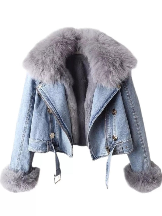 Full Size Faux Fur Collar Denim Jacket Plus Size - SuzRevera
