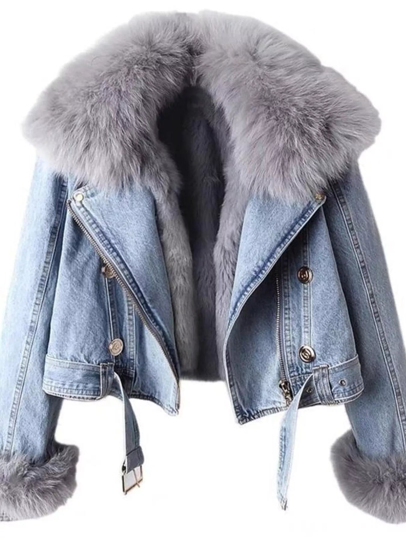 Full Size Faux Fur Collar Denim Jacket Plus Size - SuzRevera