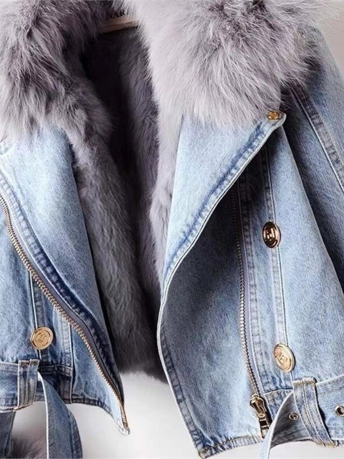 Full Size Faux Fur Collar Denim Jacket Plus Size - SuzRevera