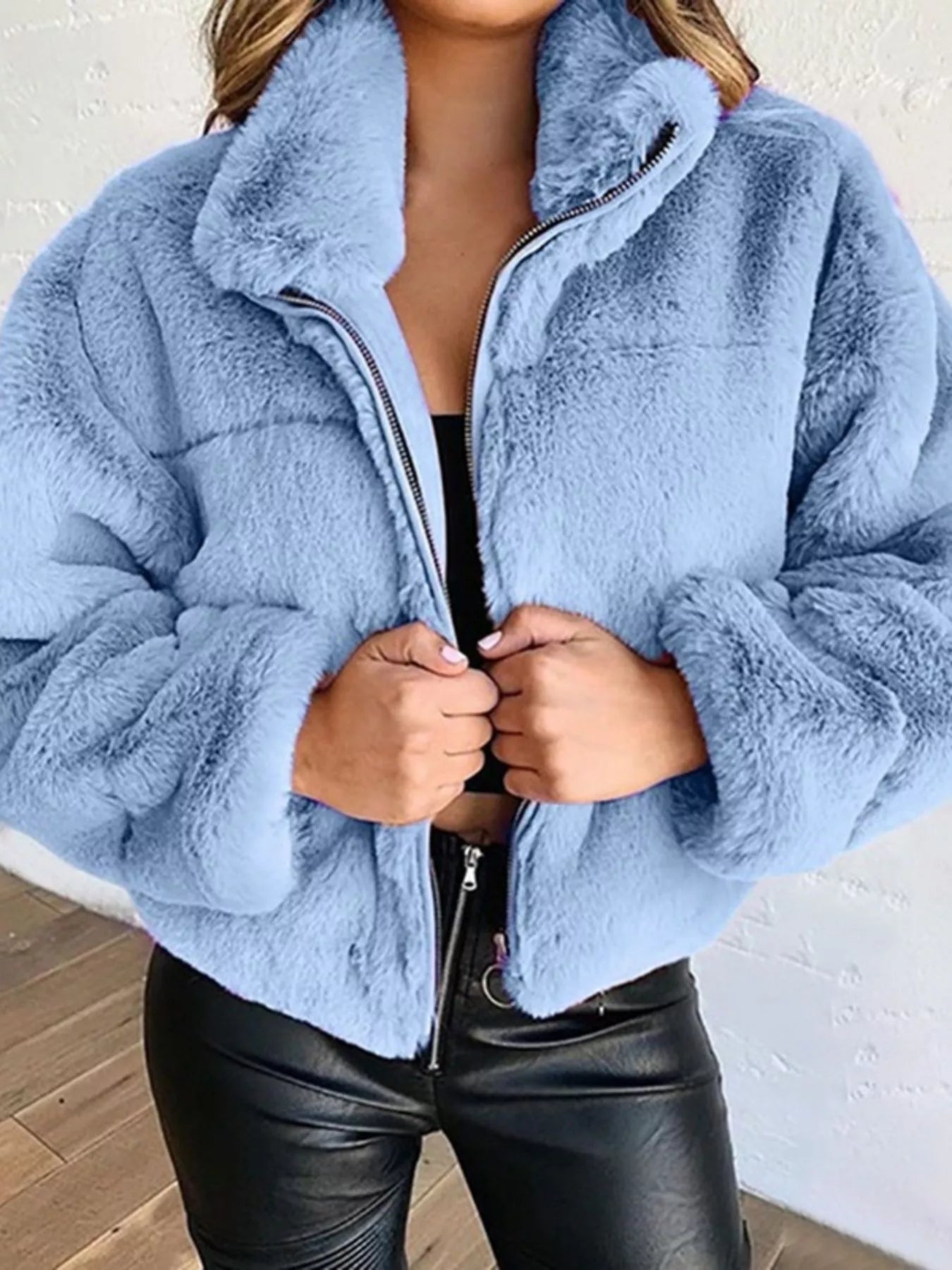 Full Size Faux Fur Cropped Zip - Up Jacket Plus Size - SuzRevera