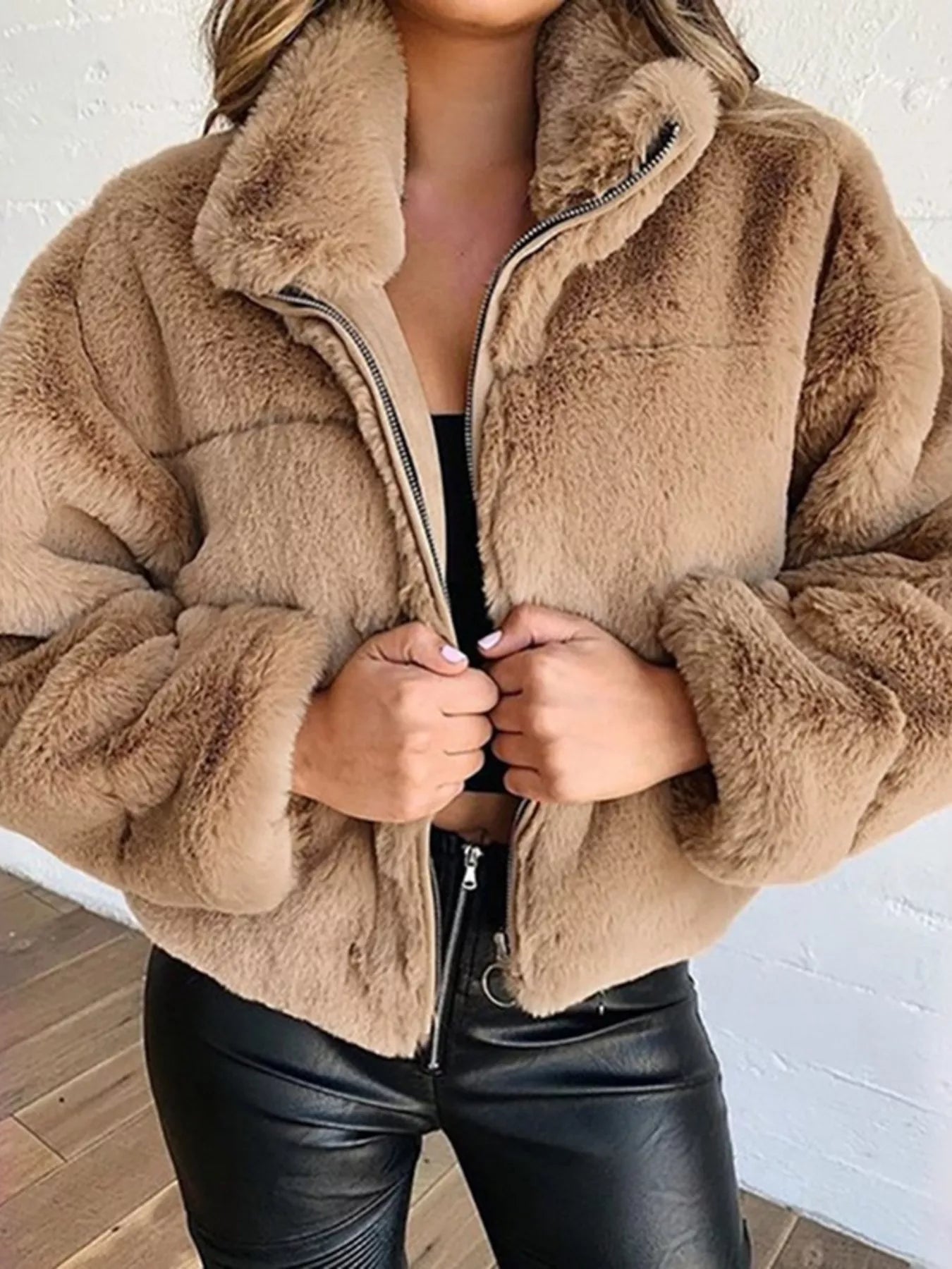 Full Size Faux Fur Cropped Zip - Up Jacket Plus Size - SuzRevera