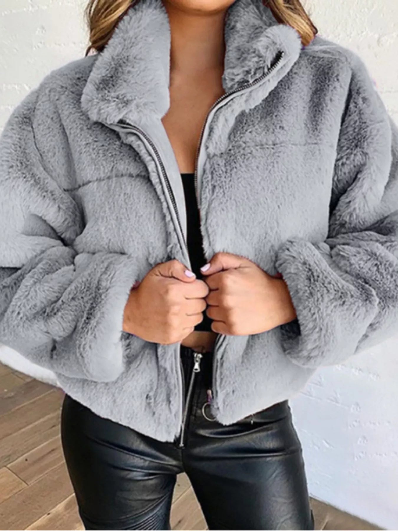 Full Size Faux Fur Cropped Zip - Up Jacket Plus Size - SuzRevera