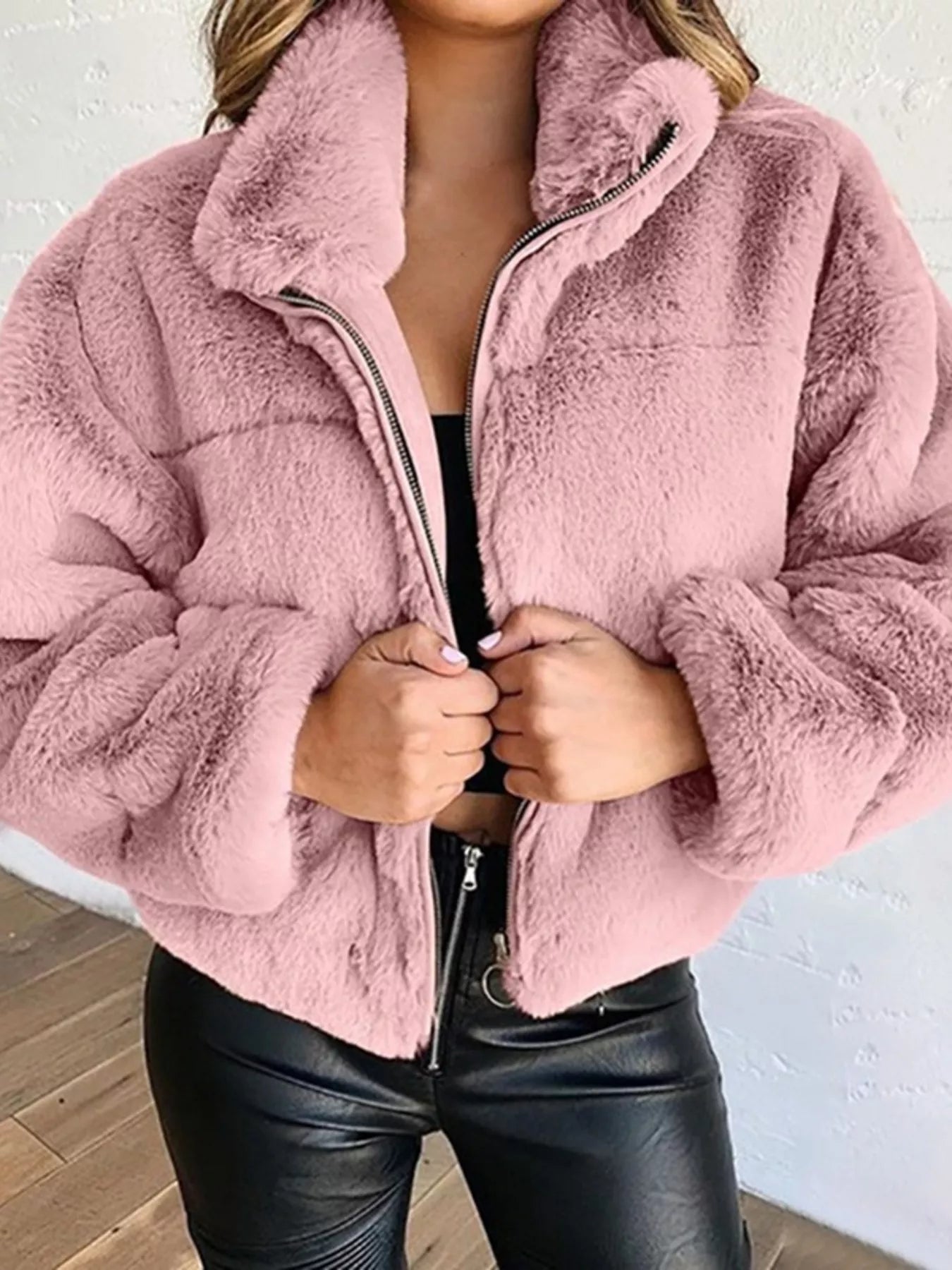 Full Size Faux Fur Cropped Zip - Up Jacket Plus Size - SuzRevera