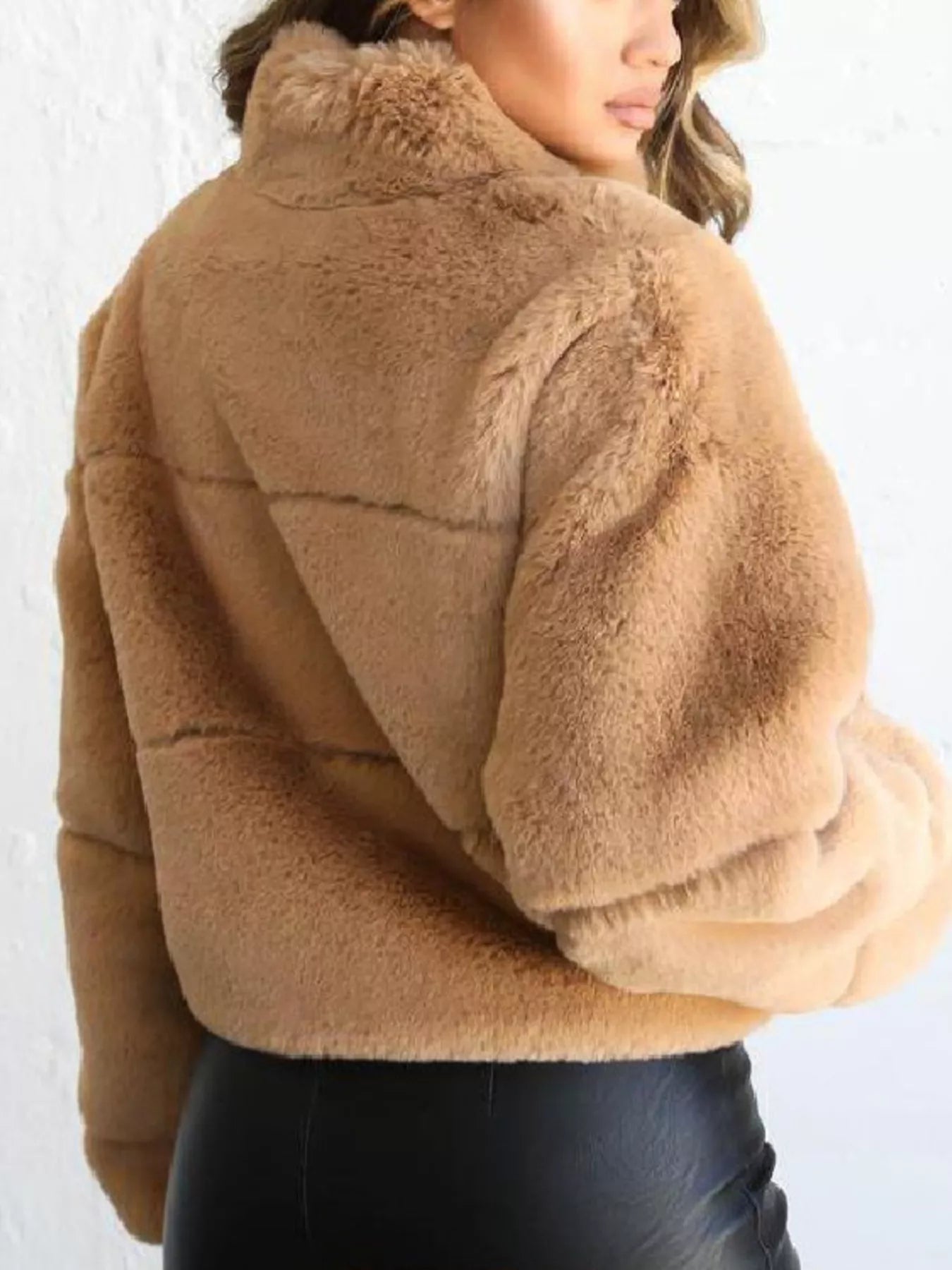 Full Size Faux Fur Cropped Zip - Up Jacket Plus Size - SuzRevera