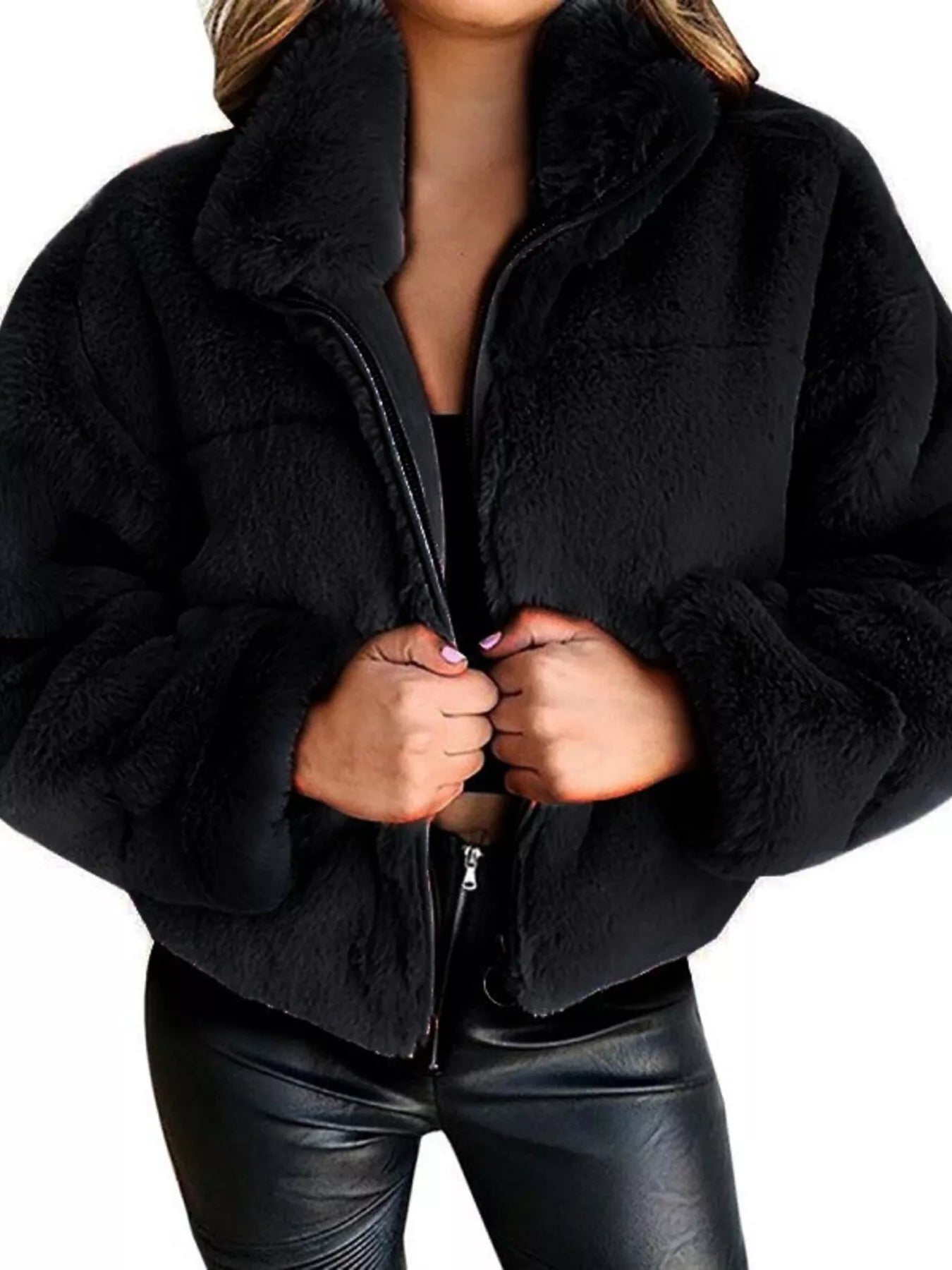 Full Size Faux Fur Cropped Zip - Up Jacket Plus Size - SuzRevera