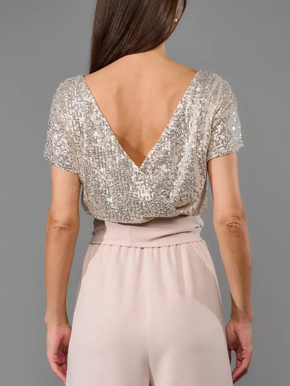 Full Size Sequin Round Neck Short Sleeve Wide Leg Jumpsuit - SuzRevera