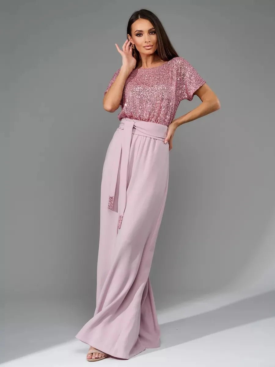 Full Size Sequin Round Neck Short Sleeve Wide Leg Jumpsuit - SuzRevera