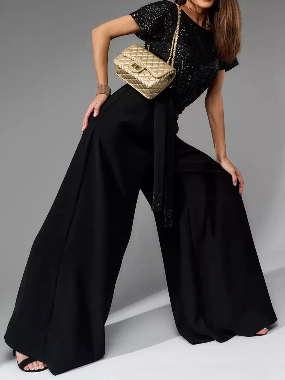 Full Size Sequin Round Neck Short Sleeve Wide Leg Jumpsuit - SuzRevera