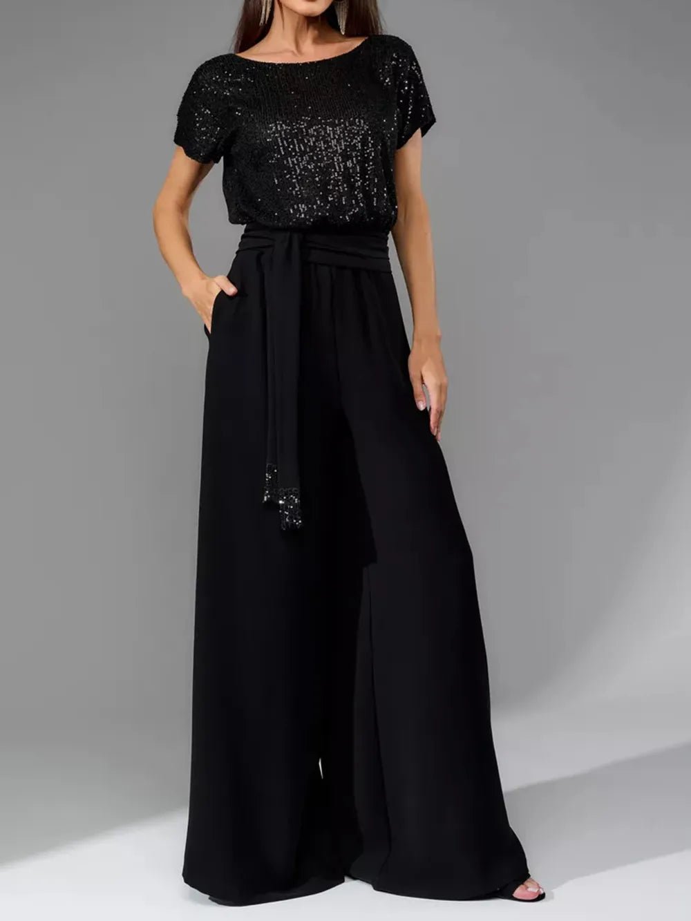 Full Size Sequin Round Neck Short Sleeve Wide Leg Jumpsuit - SuzRevera