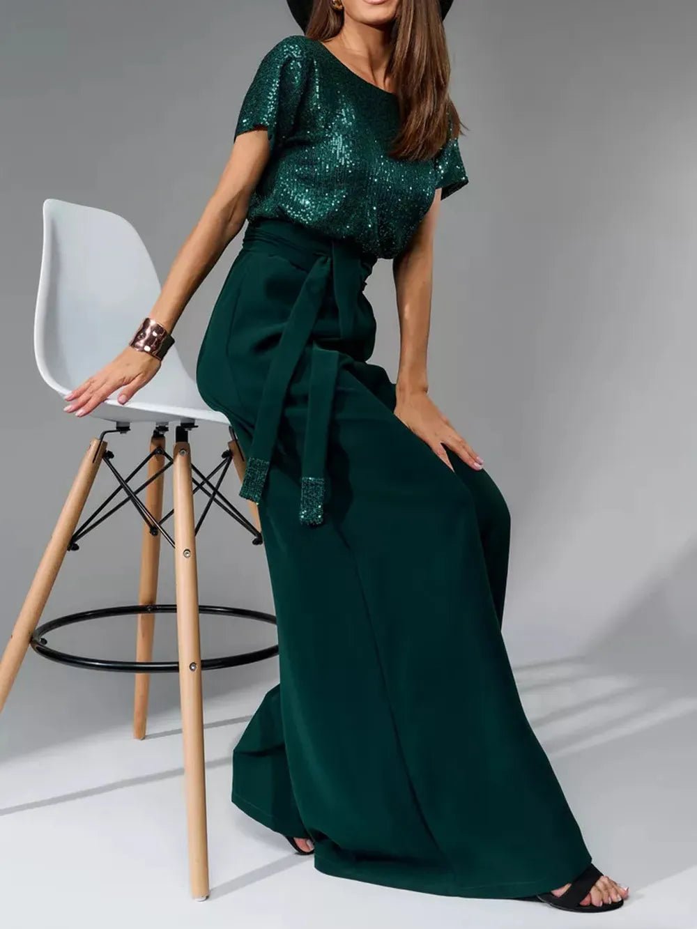 Full Size Sequin Round Neck Short Sleeve Wide Leg Jumpsuit - SuzRevera