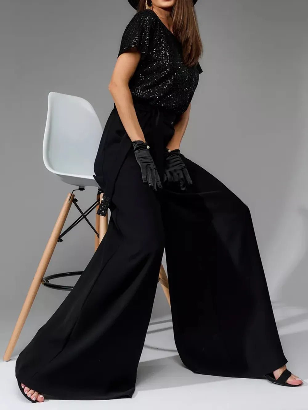 Full Size Sequin Round Neck Short Sleeve Wide Leg Jumpsuit - SuzRevera