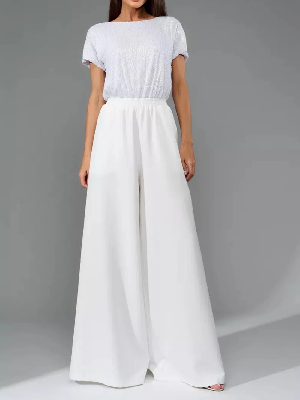 Full Size Sequin Round Neck Short Sleeve Wide Leg Jumpsuit - SuzRevera