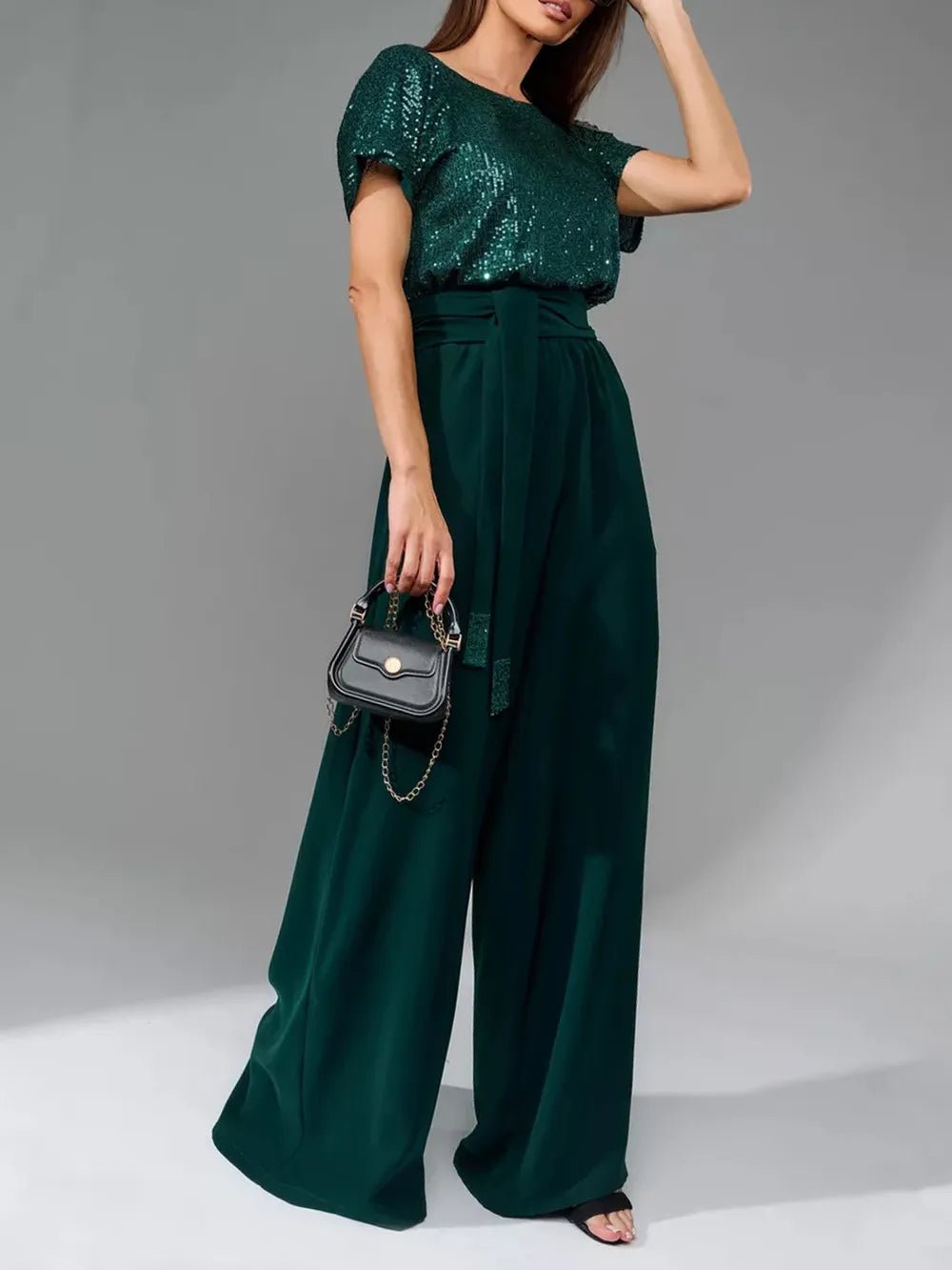 Full Size Sequin Round Neck Short Sleeve Wide Leg Jumpsuit - SuzRevera