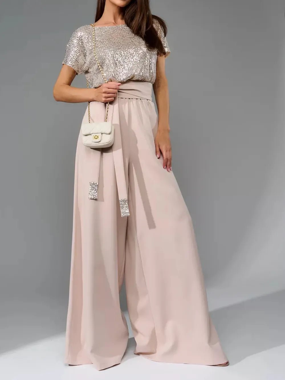 Full Size Sequin Round Neck Short Sleeve Wide Leg Jumpsuit - SuzRevera
