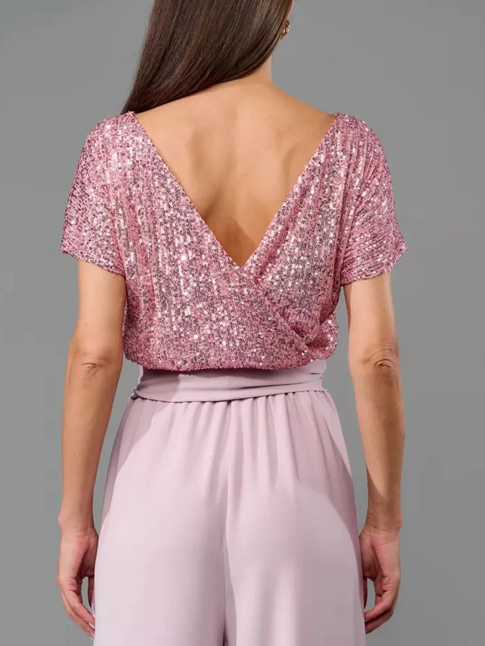 Full Size Sequin Round Neck Short Sleeve Wide Leg Jumpsuit - SuzRevera