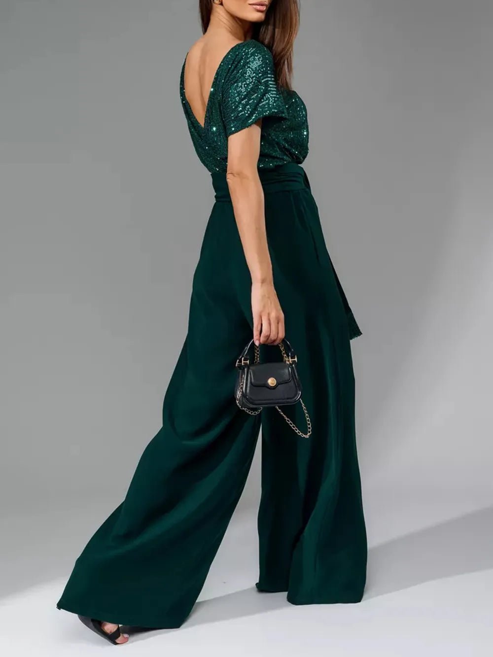 Full Size Sequin Round Neck Short Sleeve Wide Leg Jumpsuit - SuzRevera