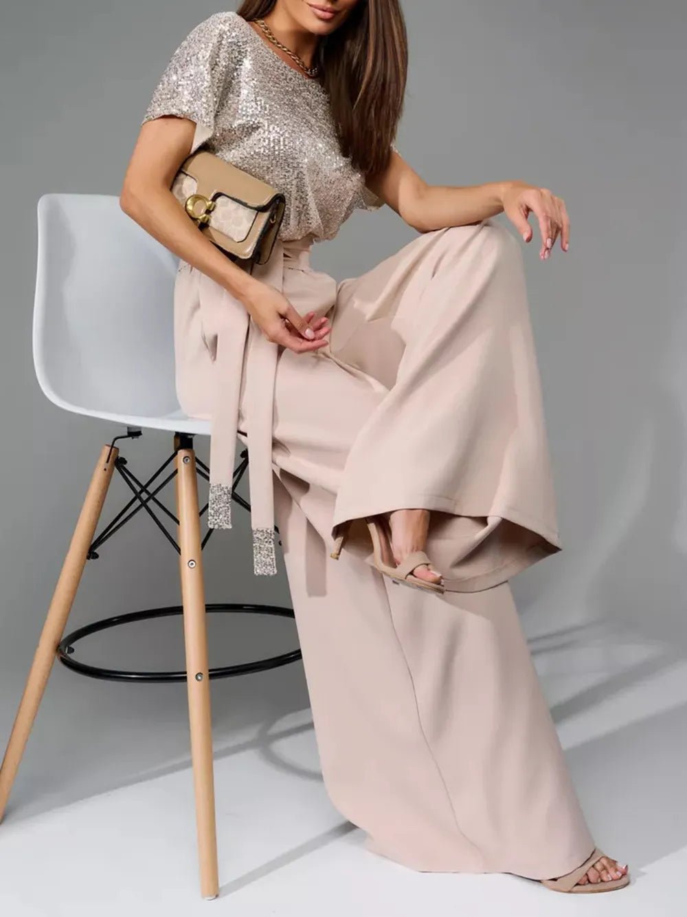 Full Size Sequin Round Neck Short Sleeve Wide Leg Jumpsuit - SuzRevera