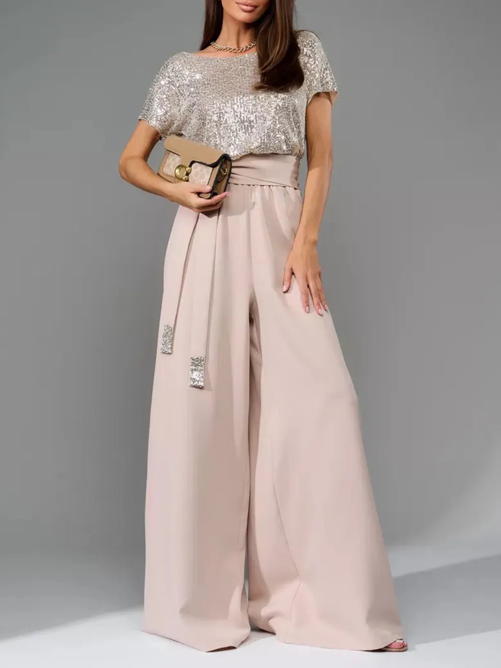 Full Size Sequin Round Neck Short Sleeve Wide Leg Jumpsuit - SuzRevera