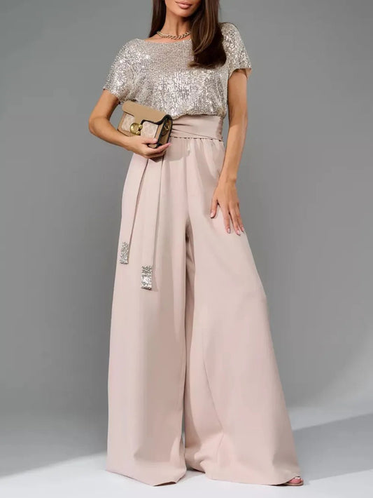 Full Size Sequin Round Neck Short Sleeve Wide Leg Jumpsuit - SuzRevera