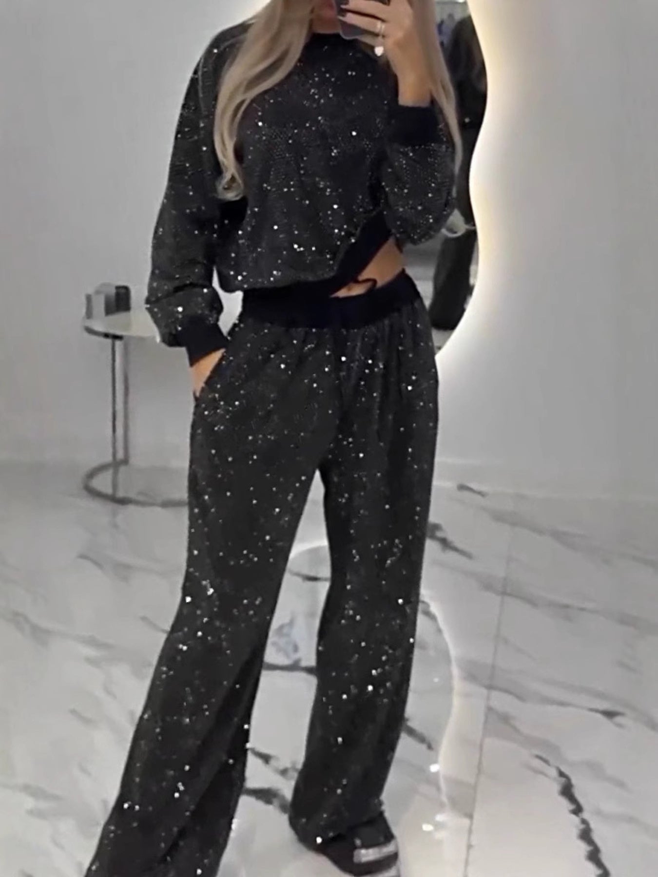 Full Size Sequin Round Neck Top and Pants Set Plus Size - SuzRevera