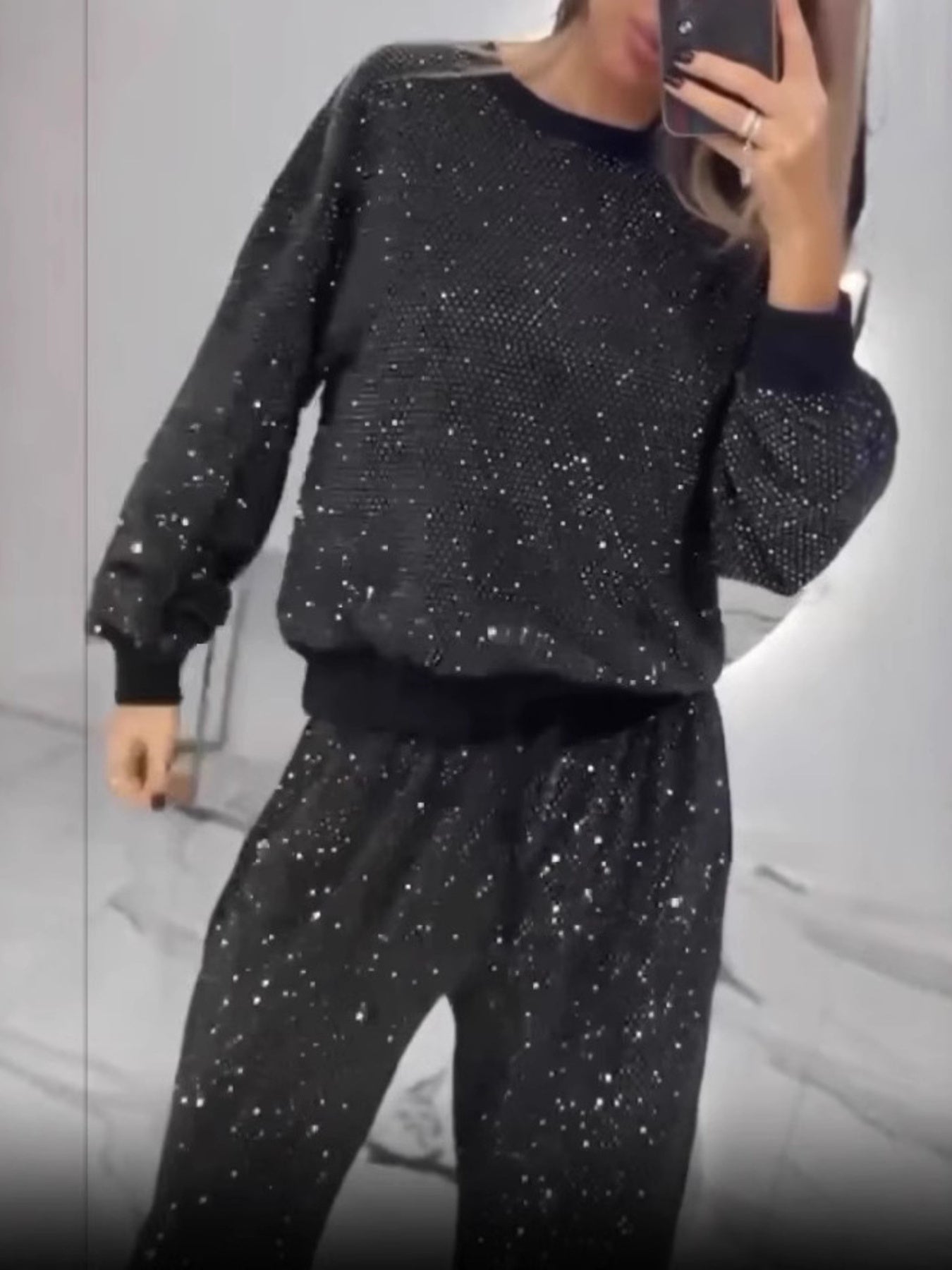 Full Size Sequin Round Neck Top and Pants Set Plus Size - SuzRevera