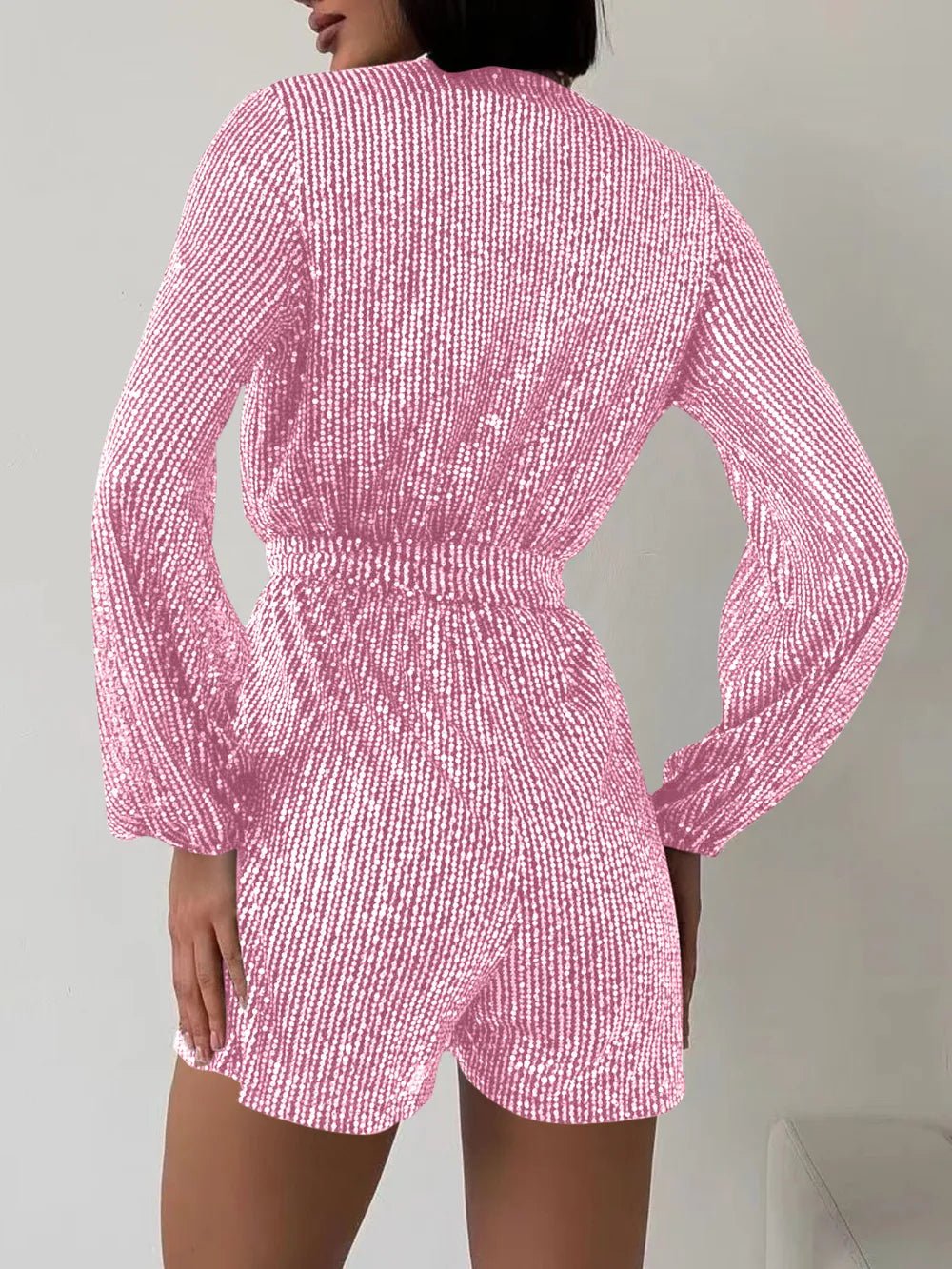 Full Size Sequin Surplice Tie Waist Long Sleeve Romper - SuzRevera