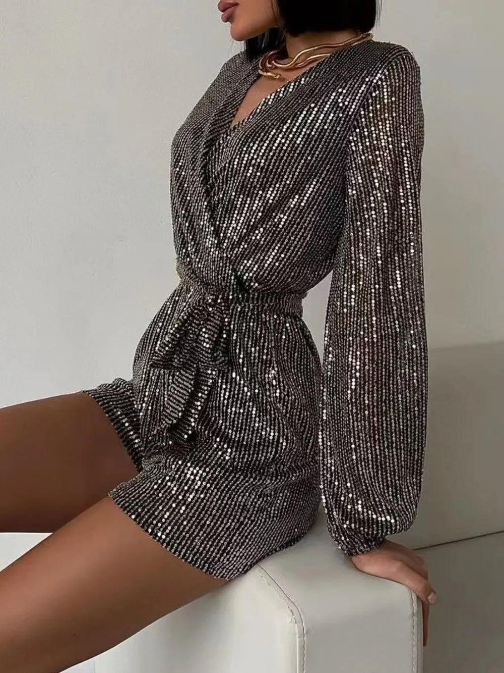 Full Size Sequin Surplice Tie Waist Long Sleeve Romper - SuzRevera