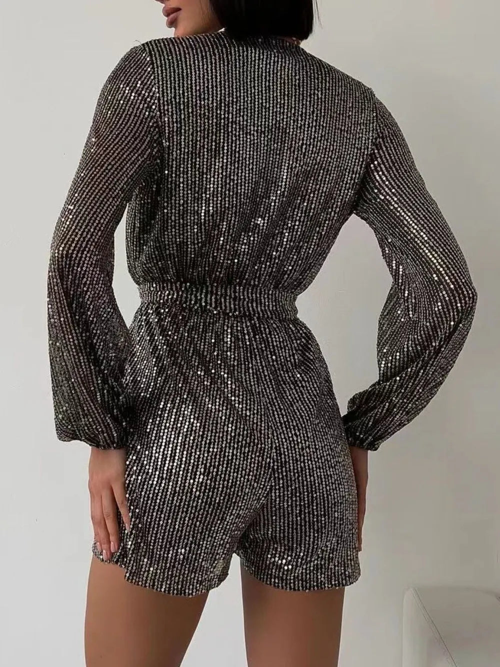 Full Size Sequin Surplice Tie Waist Long Sleeve Romper - SuzRevera