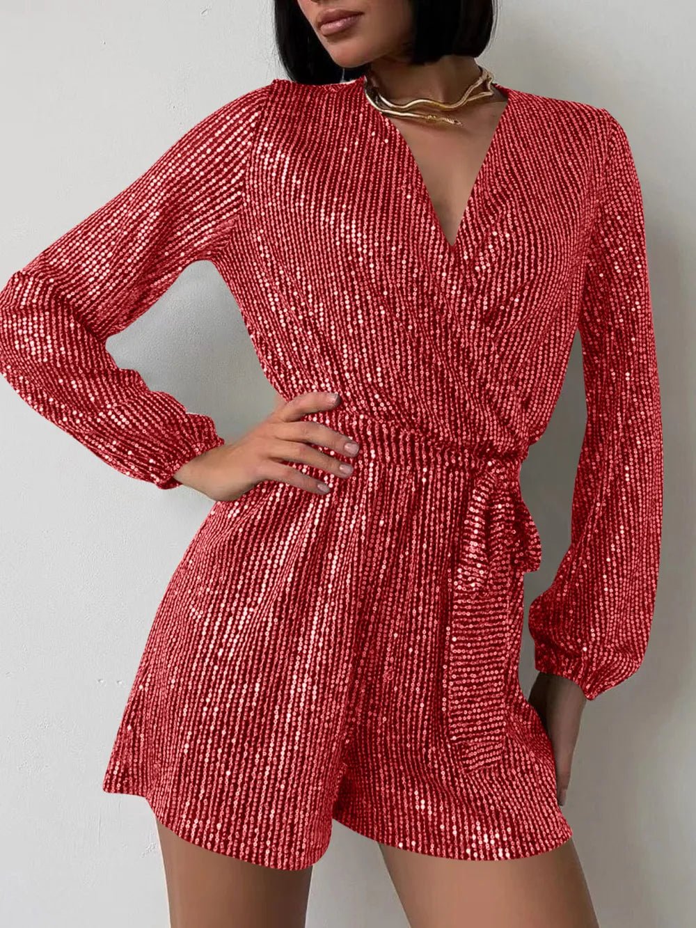 Full Size Sequin Surplice Tie Waist Long Sleeve Romper - SuzRevera