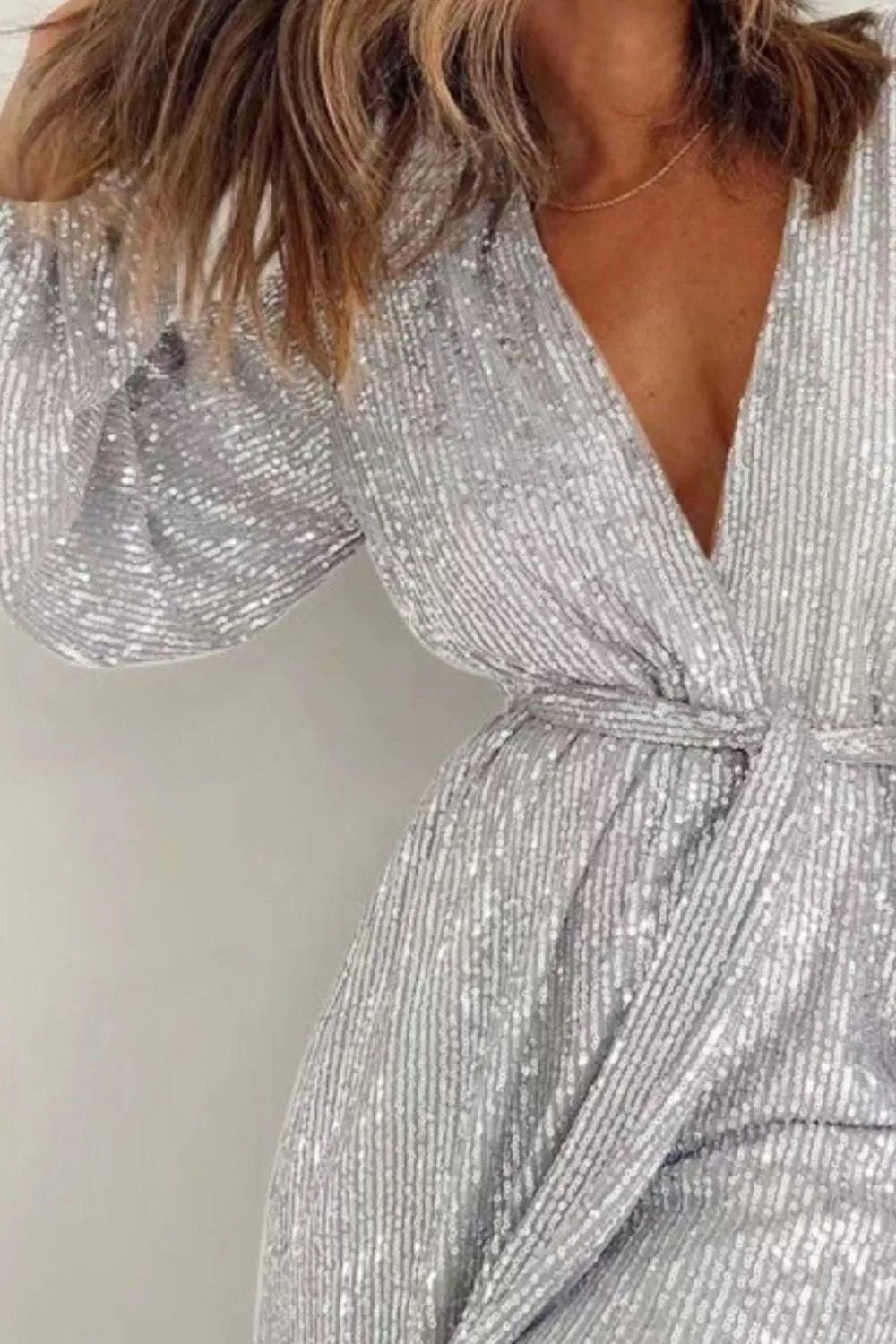 Full Size Sequin Surplice Tie Waist Long Sleeve Romper - SuzRevera