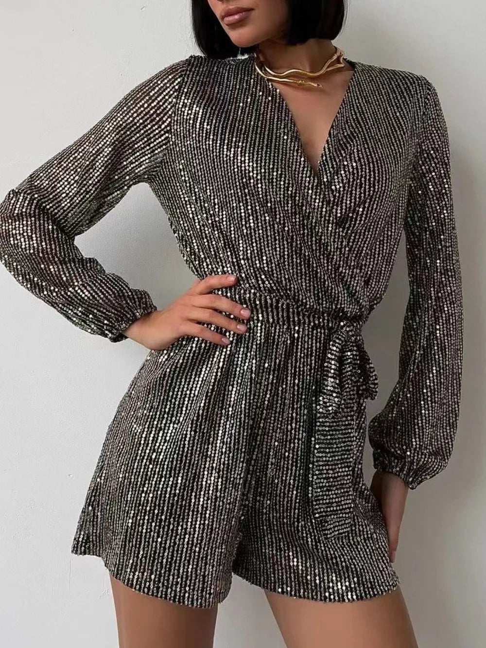 Full Size Sequin Surplice Tie Waist Long Sleeve Romper - SuzRevera