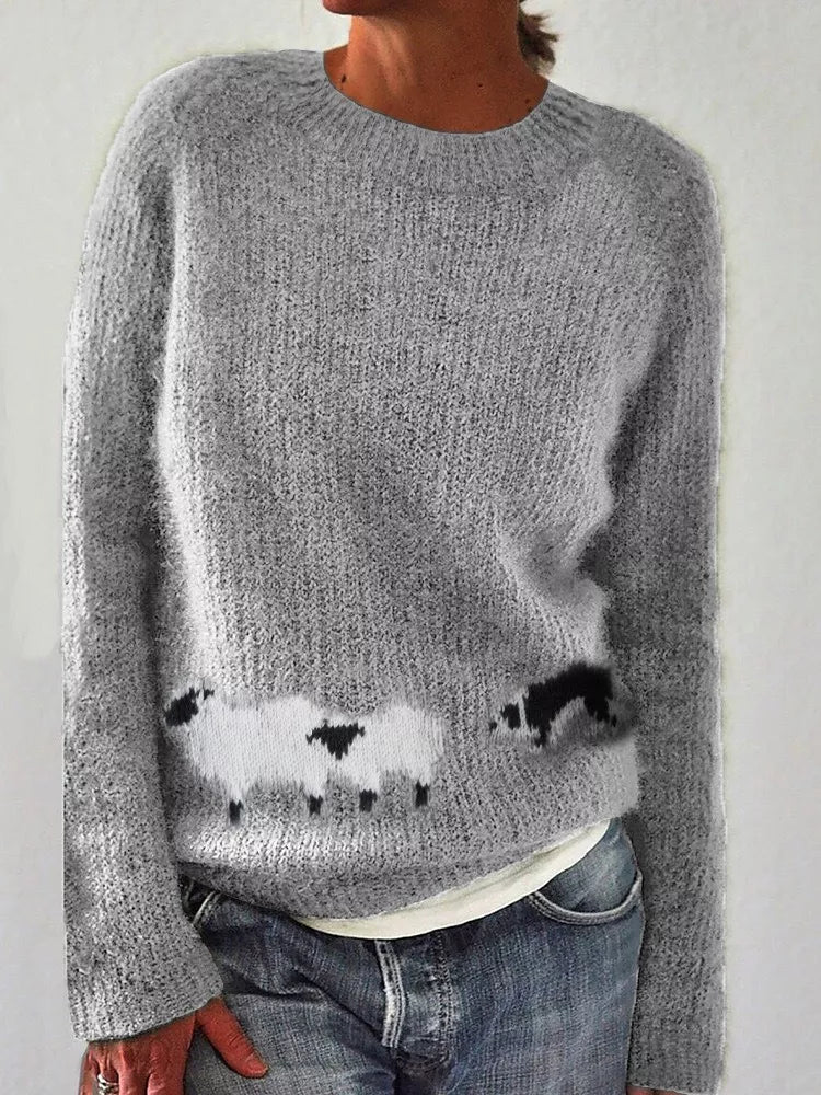 Full Size Sheep Pattern Round Neck Sweater Plus Size - SuzRevera