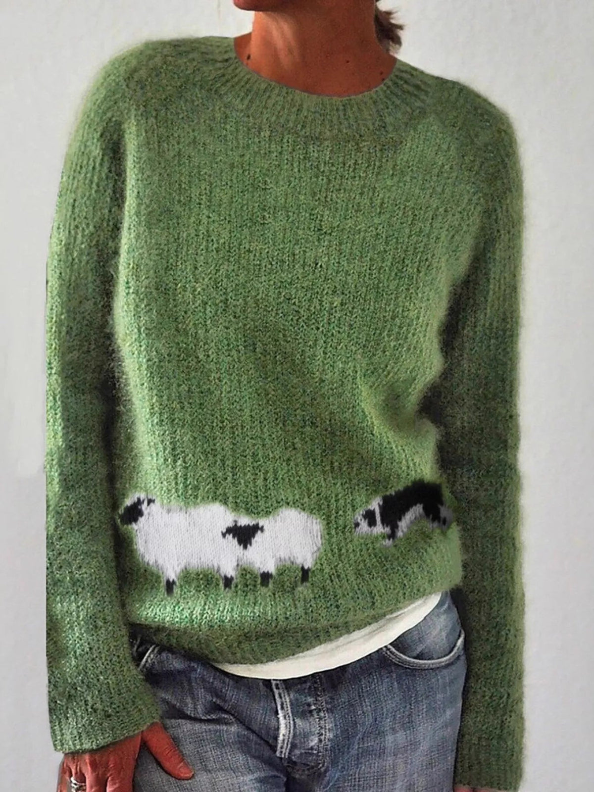 Full Size Sheep Pattern Round Neck Sweater Plus Size - SuzRevera