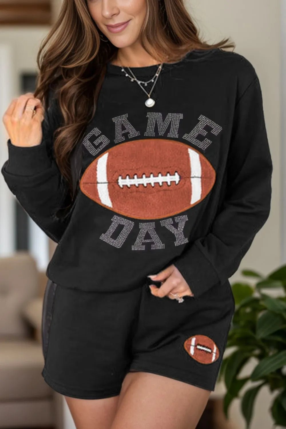 GAME DAY Football Round Neck Long Sleeve Top and Shorts Set - SuzRevera