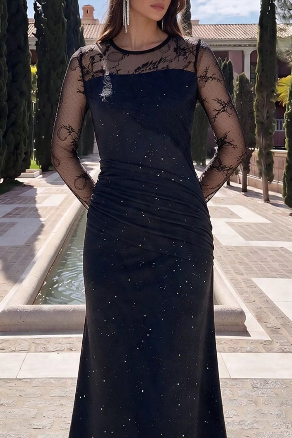 Glitter Mesh Long Sleeve Maxi Dress - SuzRevera