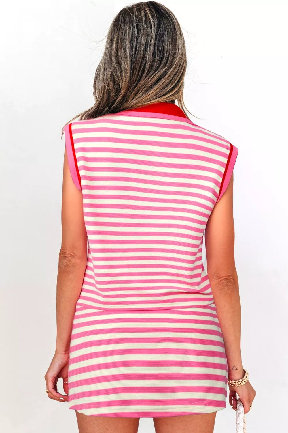 Half Zip Striped Sleeveless Top and Skirt Set - SuzRevera