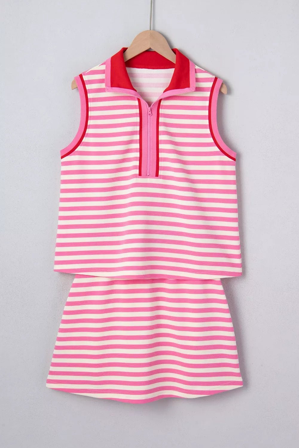 Half Zip Striped Sleeveless Top and Skirt Set - SuzRevera
