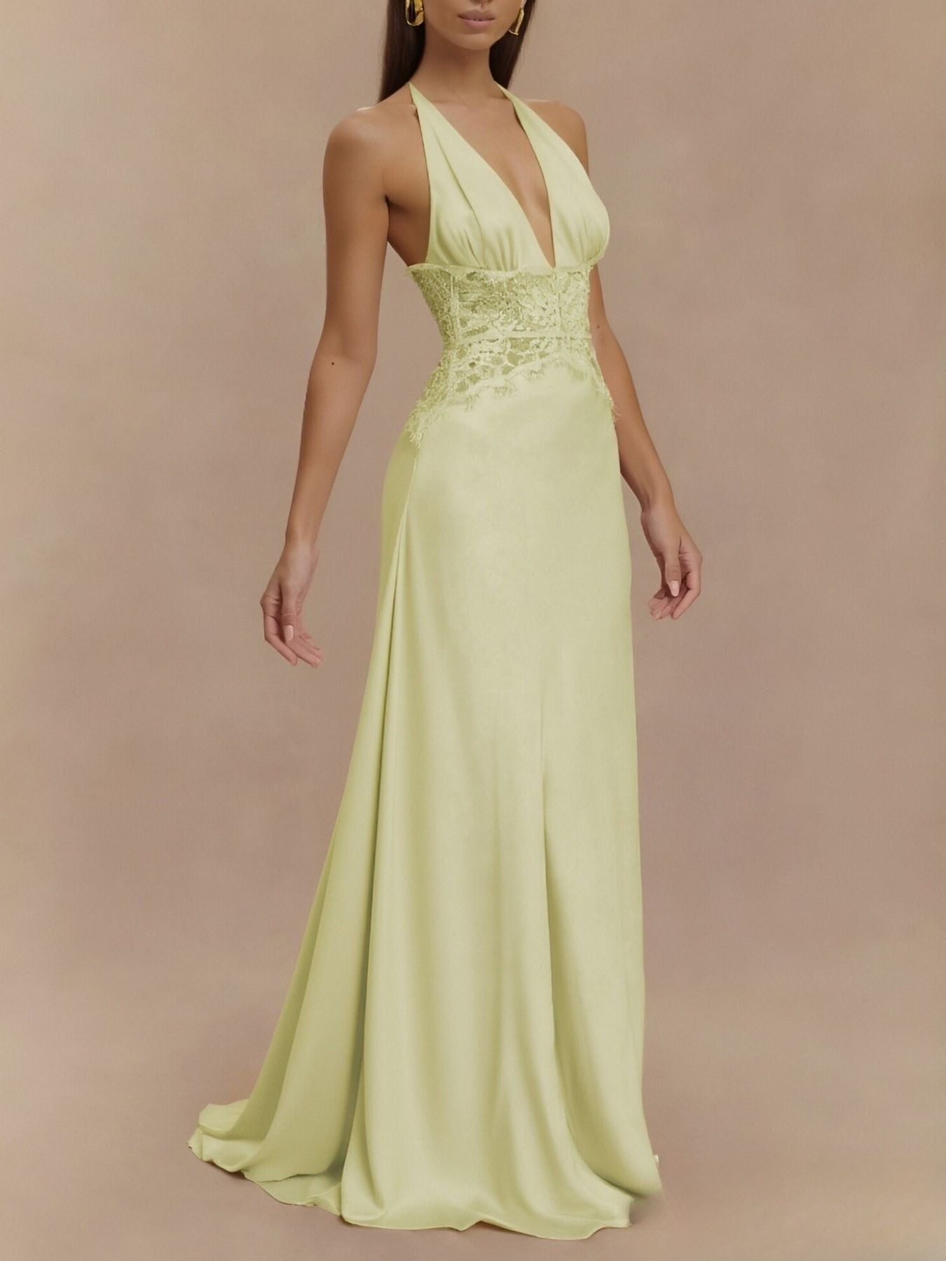Halter Neck Lace Trimmed Maxi Dress - SuzRevera