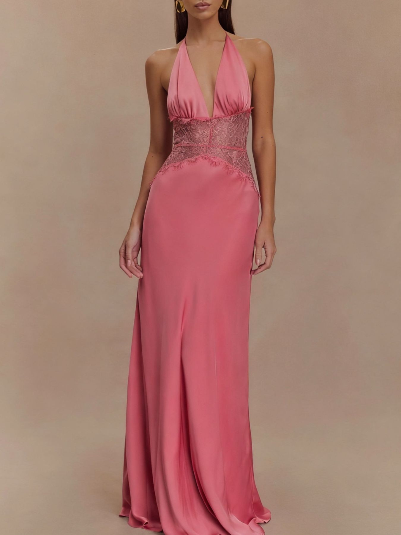 Halter Neck Lace Trimmed Maxi Dress - SuzRevera