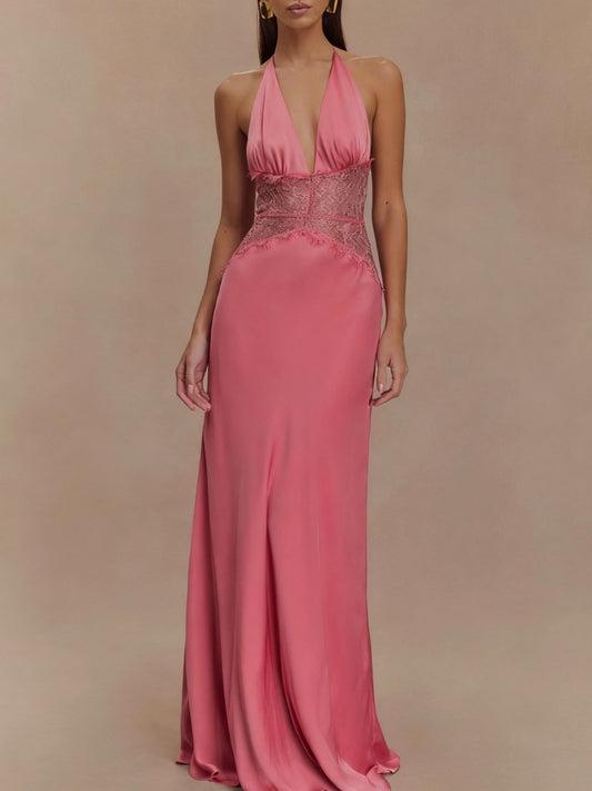 Halter Neck Lace Trimmed Maxi Dress - SuzRevera