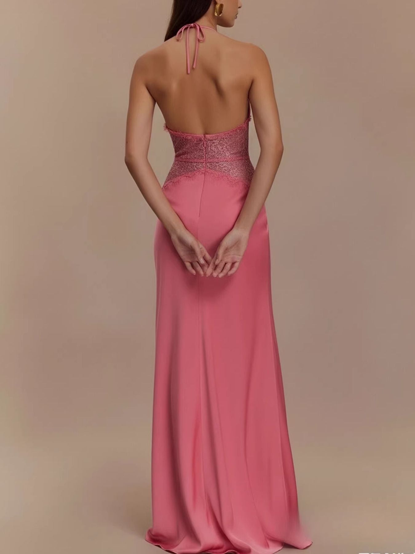 Halter Neck Lace Trimmed Maxi Dress - SuzRevera