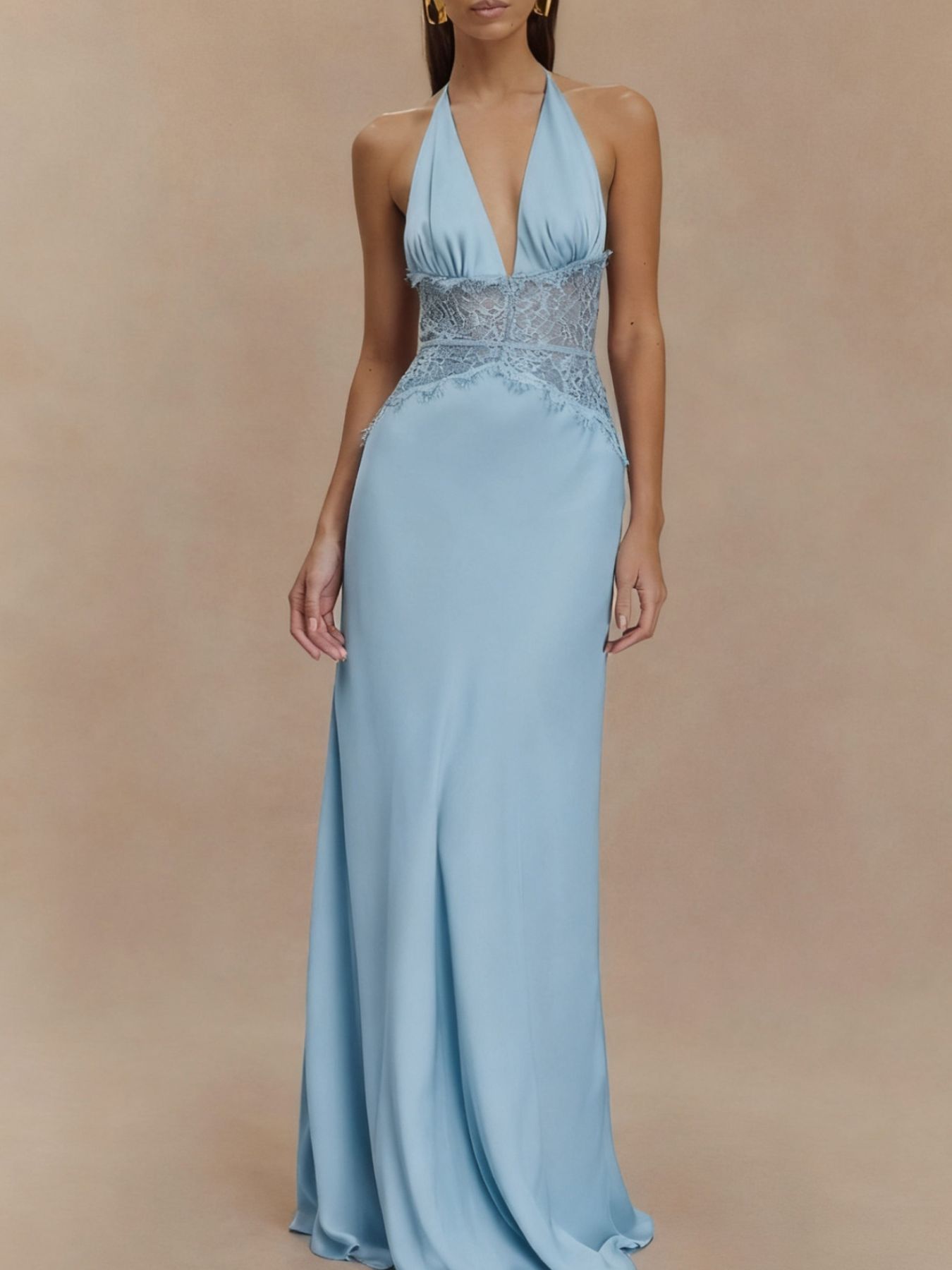 Halter Neck Lace Trimmed Maxi Dress - SuzRevera