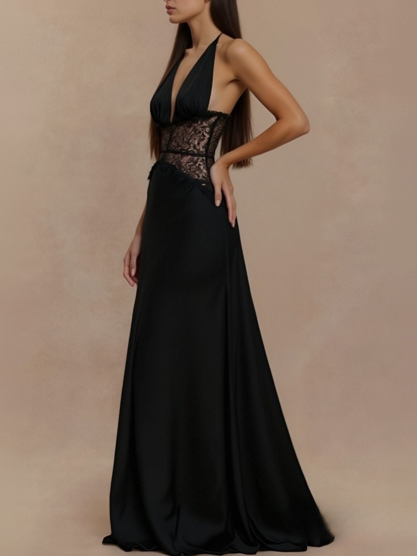 Halter Neck Lace Trimmed Maxi Dress - SuzRevera